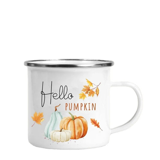 Tourist Mug Beer Coffee Cups Fall Thanksgiving Party Wine Juice Mug Hello Pumpkin Leaves Printed Enamel Mugs Fathers Day Gifts